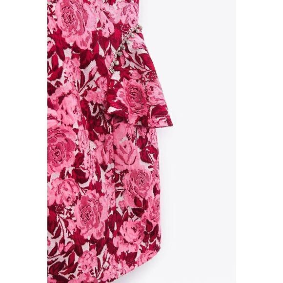ZARA JACQUARD PINK AND RED FLORAL DRESS JEWEL - Picture 13 of 16